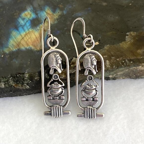 Sterling Silver 925 Egyptian Amulet Hieroglyph Scarab Cartouche Dangle Earrings - Picture 2 of 16